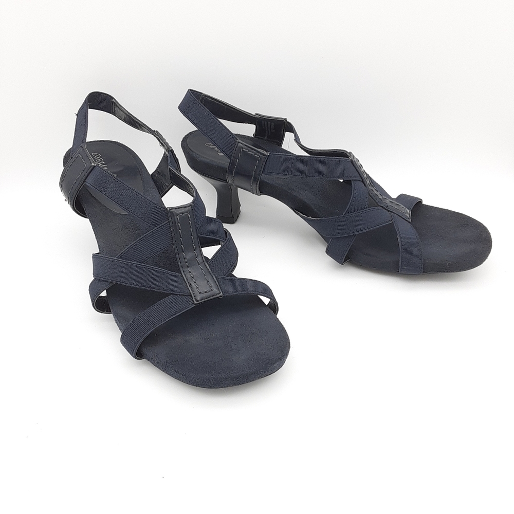 Easy Street sandals navy blue kitten heel pumps stretchy strap pull-on women 8